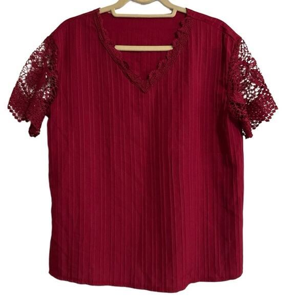 Shein Short Sleeve Top Womens L Maroon Ribbed Lace V-Neck Blouse - Picture 1 of 5